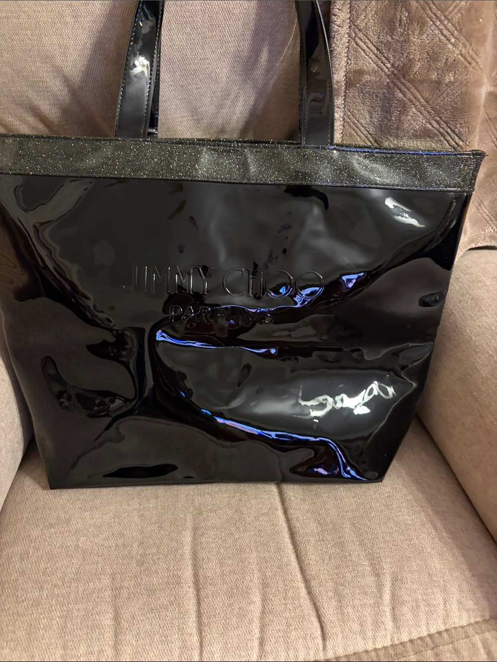 Jimmy Choo gift with purchase Black Patent Tote with Gloss Trim